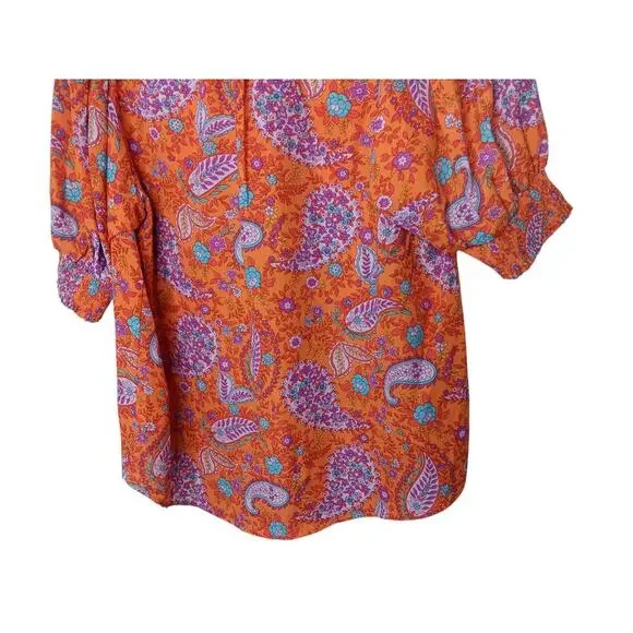 New Easel Boho Floral Paisley Blouse Orange Pink Blue Top 3/4 SleeveSize Small - Picture 7 of 10